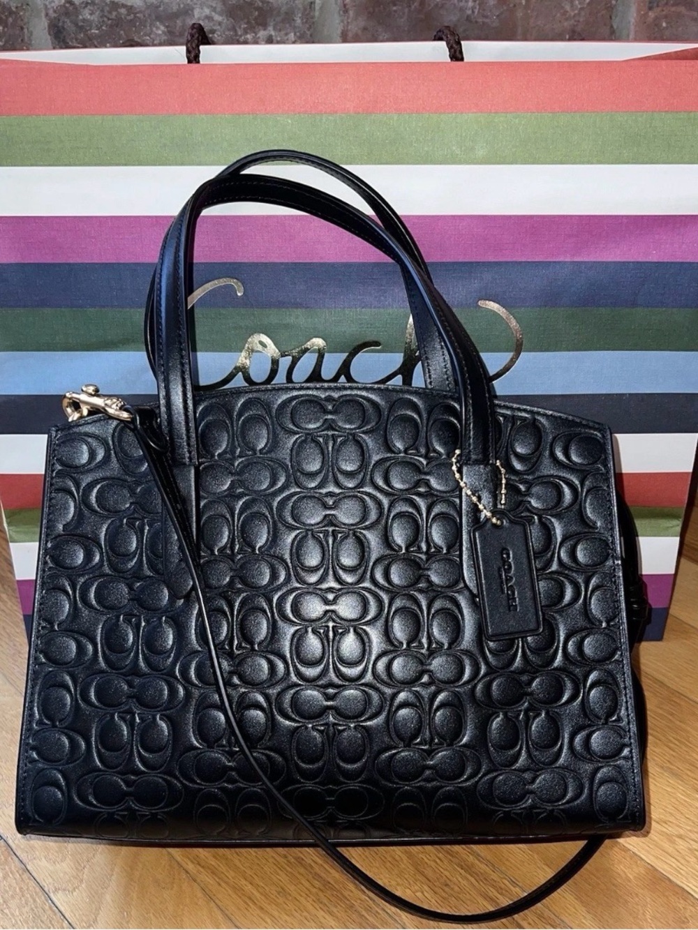 Coach Charlie Carryall 28 Signature Embossed Black Leather Handbag/Crossbody